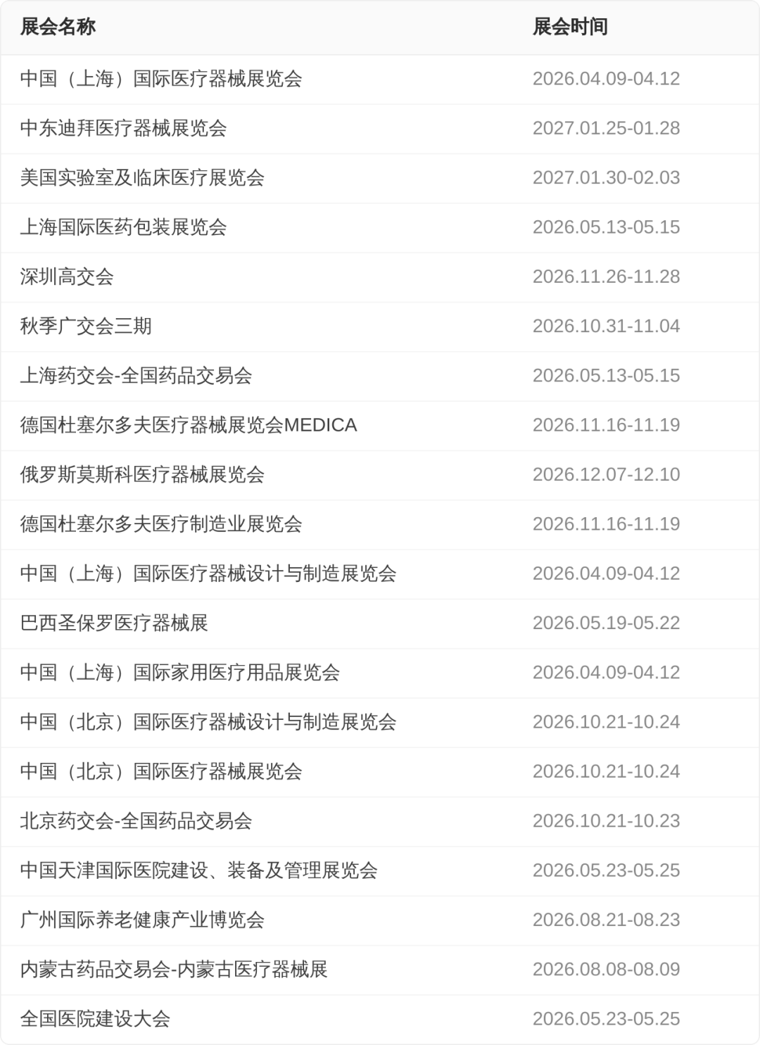 展会排期表