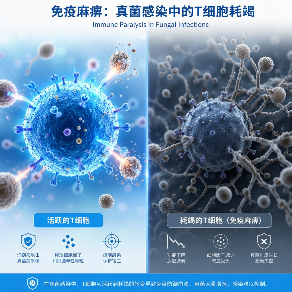 一张对比医学插画：左侧展示活跃的T细胞正在积极攻击真菌，标注为“活跃的T细胞”；右侧展示T细胞变得暗淡萎靡，被大量繁殖的真菌包围，标注为“耗竭的T细胞（免疫麻痹）”。画面采用盛诺一家品牌蓝色调，风格专业且具有国际化美感。