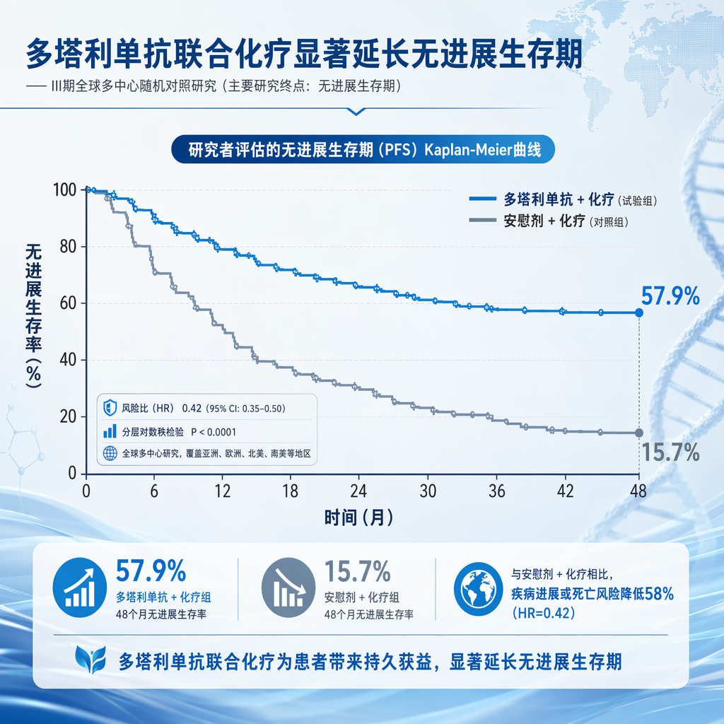 一张专业的医学曲线图，展示了dMMR/MSI-H子宫内膜癌患者使用多塔利单抗联合化疗后的长期生存优势。图中显示，在48个月时，多塔利单抗组的无进展生存率稳定在57.9%，而安慰剂组仅为15.7%，画面风格专业且充满希望。