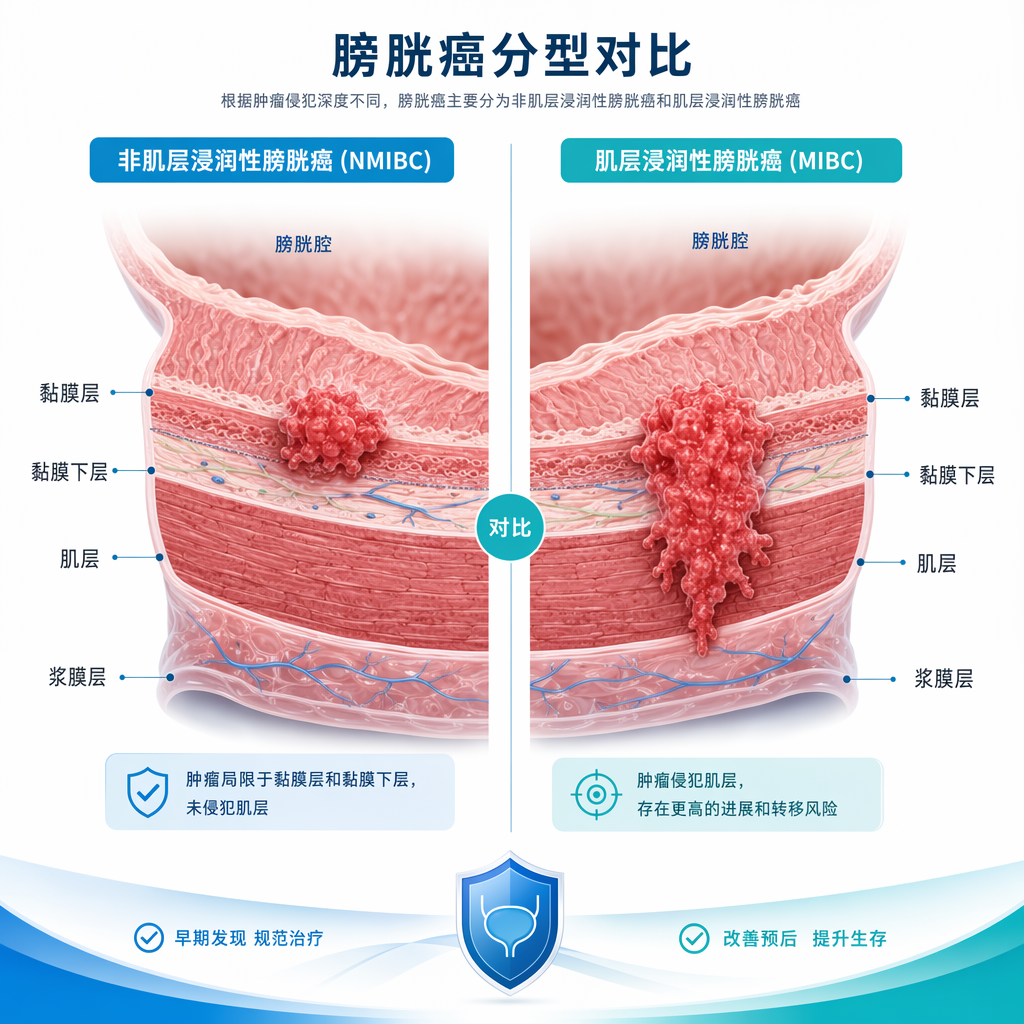 一张专业的医学对比示意图，展示了膀胱壁的解剖分层（黏膜层、黏膜下层、肌层、浆膜层）。左侧标注为“非肌层浸润性膀胱癌”，红色肿瘤局限在黏膜层和黏膜下层；右侧标注为“肌层浸润性膀胱癌”，显示肿瘤已侵入深部的肌层。色调采用盛诺一家品牌蓝，画面简洁、专业且具有国际化美感。