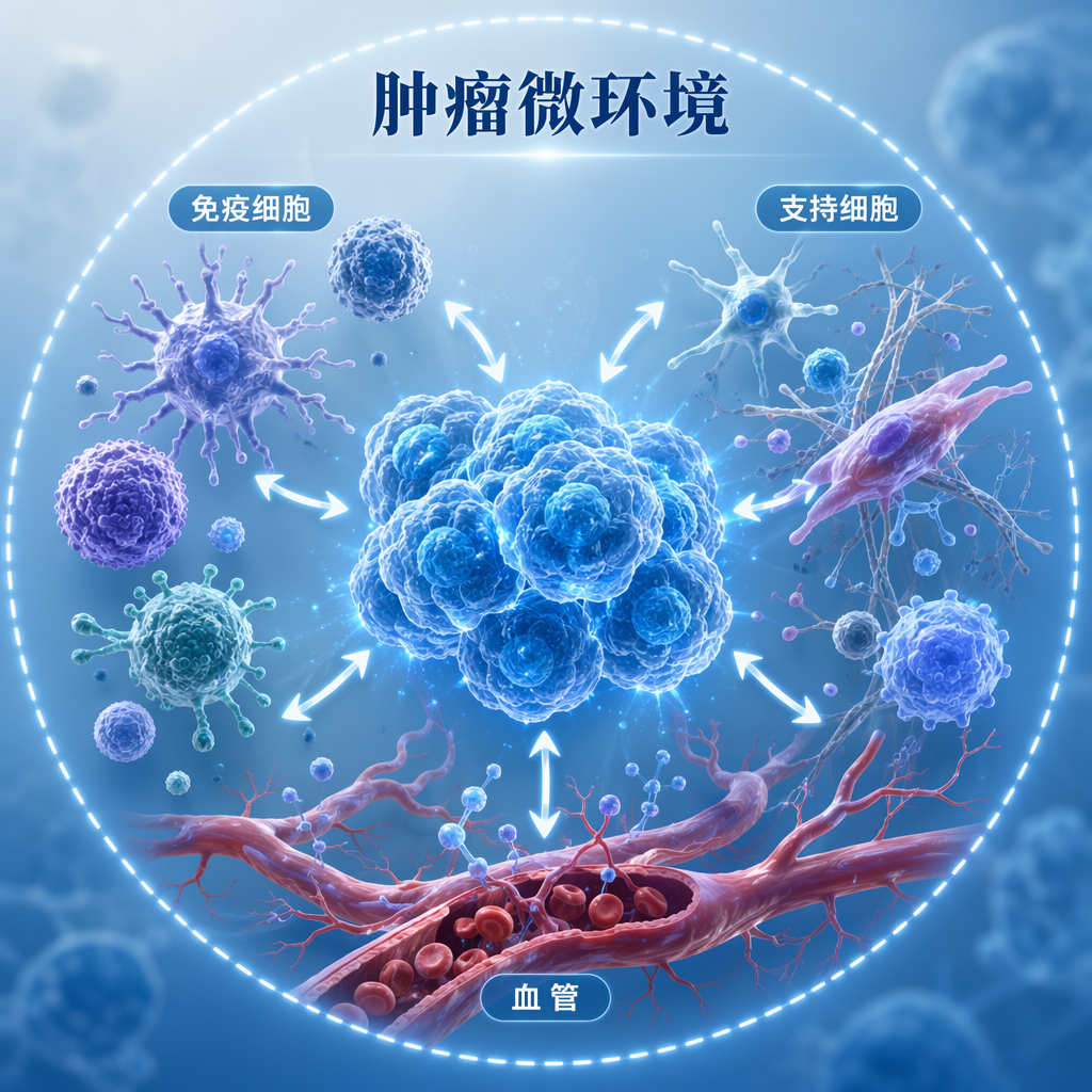 脑膜瘤肿瘤微环境示意图：展示了中心肿瘤细胞与周围免疫细胞、支持细胞及血管构成的“生态系统”，通过箭头体现它们之间的相互作用与对话。
