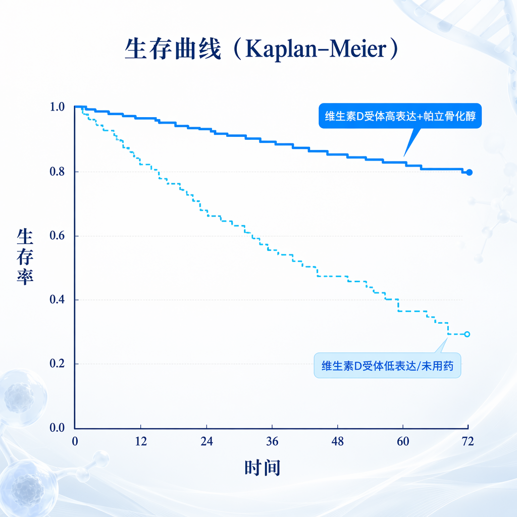 一张专业且具有美感的医学插画生存曲线图。图中展示了两个群体生存率随时间的变化：上方深蓝色实线代表‘维生素D受体高表达+帕立骨化醇’组，其曲线下降最平缓，预示生存期最长；下方浅蓝色虚线代表‘维生素D受体低表达/未用药’组，曲线下降较快。画面采用盛诺一家品牌蓝调，传递出科学的严谨与治愈的希望。