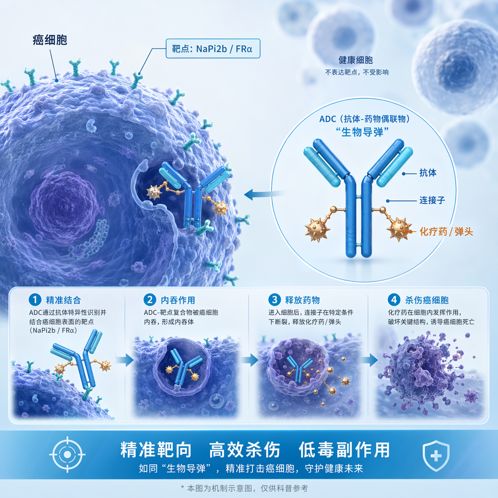 ADC药物（生物导弹）工作原理示意图：展示了由抗体、连接子和化疗药组成的ADC分子如何精准识别癌细胞表面的NaPi2b或FRα靶点，进入细胞内部释放药力，实现精准杀伤。