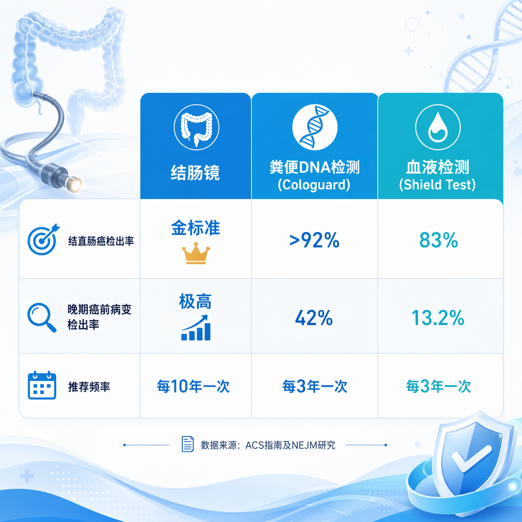 结直肠癌三种筛查方法（结肠镜、粪便DNA检测、血液检测）的关键性能指标对比图，涵盖癌症检出率、癌前病变检出率及推荐筛查频率。