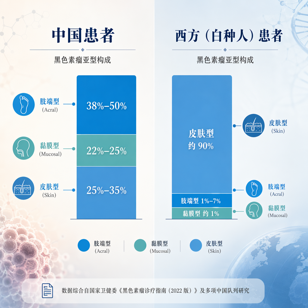 一张专业医学信息图，直观对比中国与西方黑色素瘤亚型构成的显著差异。左侧显示中国患者以肢端型（38%-50%）和黏膜型（22%-25%）为主；右侧显示西方患者以皮肤型（约90%）为主。画面采用盛诺一家品牌蓝色调，风格简约、专业且富有国际化美感。
