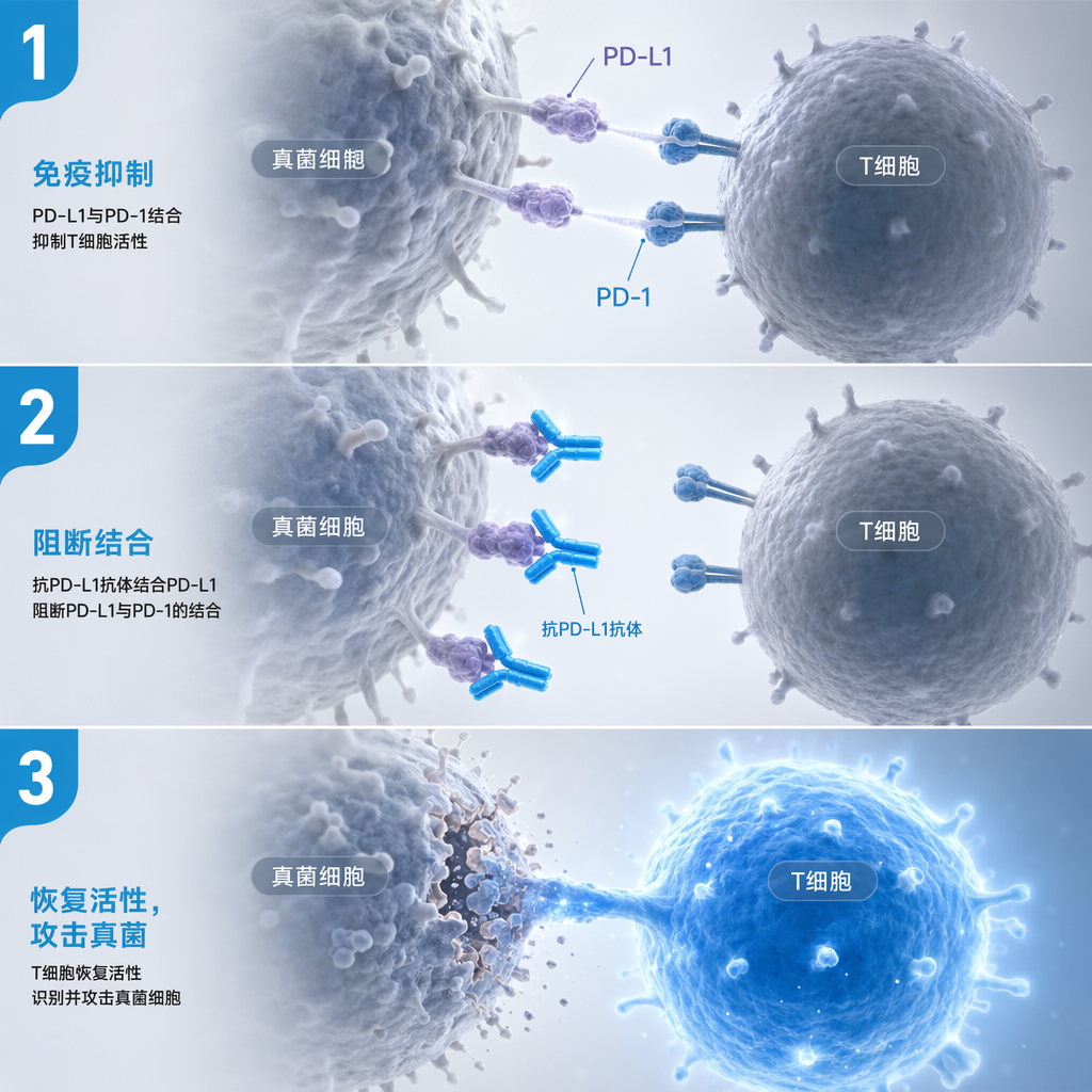 三步机制图：展示了抗PD-L1抗体如何介入真菌感染。第一步，真菌通过PD-L1与T细胞的PD-1结合导致免疫抑制；第二步，抗体阻断真菌表面的PD-L1；第三步，T细胞“刹车”解除，恢复活性并开始攻击真菌。