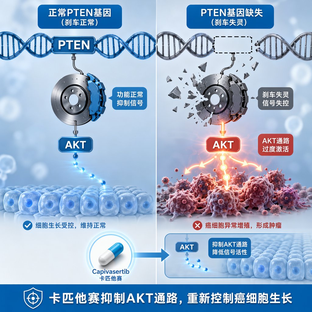 医学原理示意图：左侧展示正常PTEN基因如“刹车”般抑制AKT通路，维持细胞正常生长；右侧展示PTEN缺失导致“刹车失灵”，AKT通路过度激活驱动癌细胞增殖；下方显示卡匹他赛药丸通过抑制AKT通路，重新控制癌细胞生长。