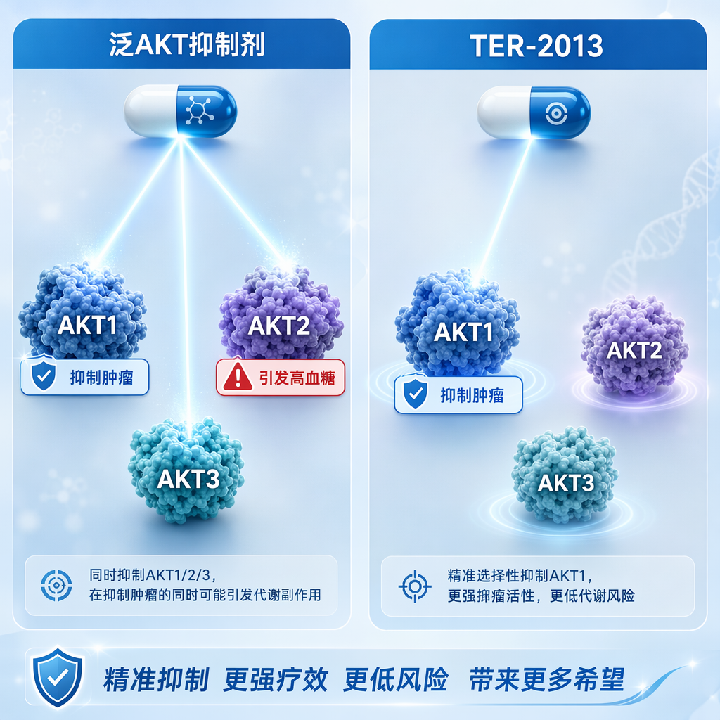 一张医学对比示意图。左侧为‘泛AKT抑制剂’，显示药丸发出的三支箭同时射向AKT1、AKT2和AKT3靶点，并在AKT1旁标注‘抑制肿瘤’，在AKT2旁标注‘引发高血糖’；右侧为‘TER-2013’，显示药丸仅发出一支精准的箭射向AKT1靶点（标注‘抑制肿瘤’），而AKT2和AKT3靶点未受影响。画面采用盛诺一家品牌蓝调，专业且具有国际化美感。
