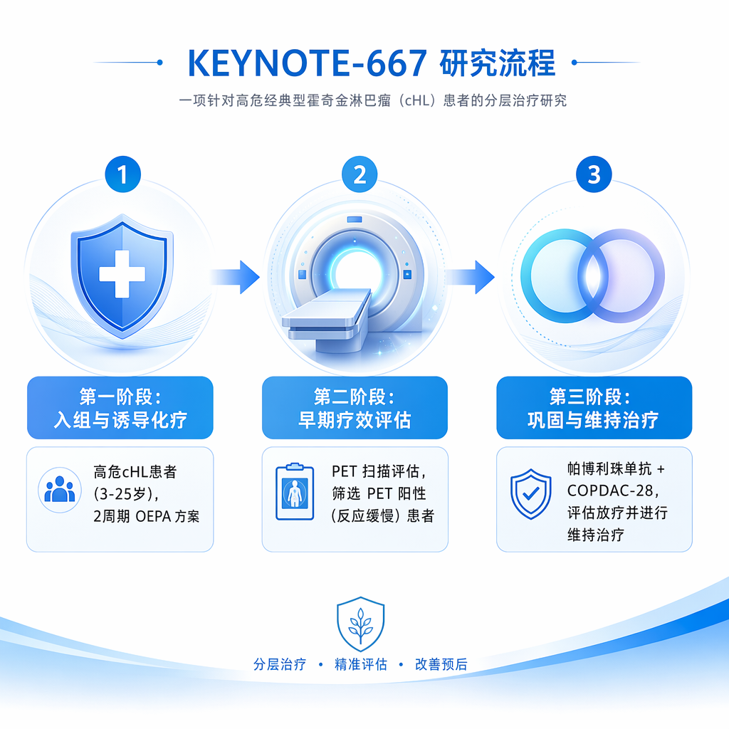 KEYNOTE-667研究治疗流程图：展示了3-25岁高危cHL患者从接受2周期OEPA诱导化疗，到通过PET扫描评估筛选出反应缓慢者，最后进入帕博利珠单抗联合COPDAC-28巩固治疗及后续维持治疗的三个阶段。