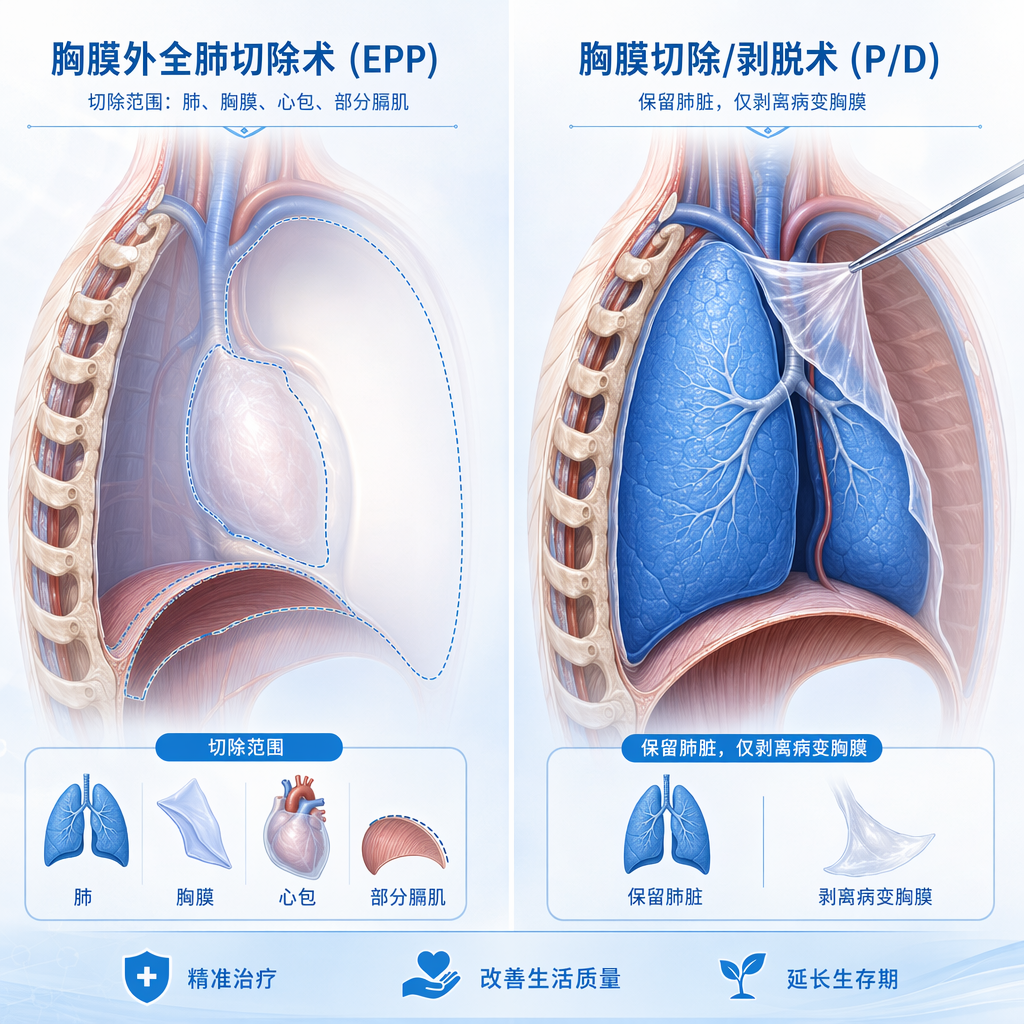 恶性胸膜间皮瘤两种手术方式对比图：左侧为全肺切除术（EPP），显示肺、胸膜、心包及部分膈肌被切除；右侧为保肺手术（P/D），显示肺脏完整保留，仅剥离病变胸膜。画面采用盛诺一家品牌蓝调，专业且富有希望感。