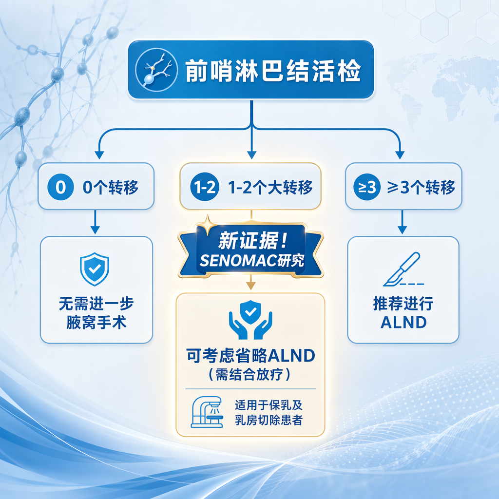 乳腺癌腋窝处理决策路径演变流程图：清晰展示了从“前哨淋巴结活检”开始的三个分支。重点突出了SENOMAC研究带来的新证据：对于有1-2个大转移的保乳及乳房切除患者，在结合放疗的前提下可考虑省略腋窝淋巴结清扫（ALND）；而0个转移者无需手术，≥3个转移者仍推荐进行ALND。
