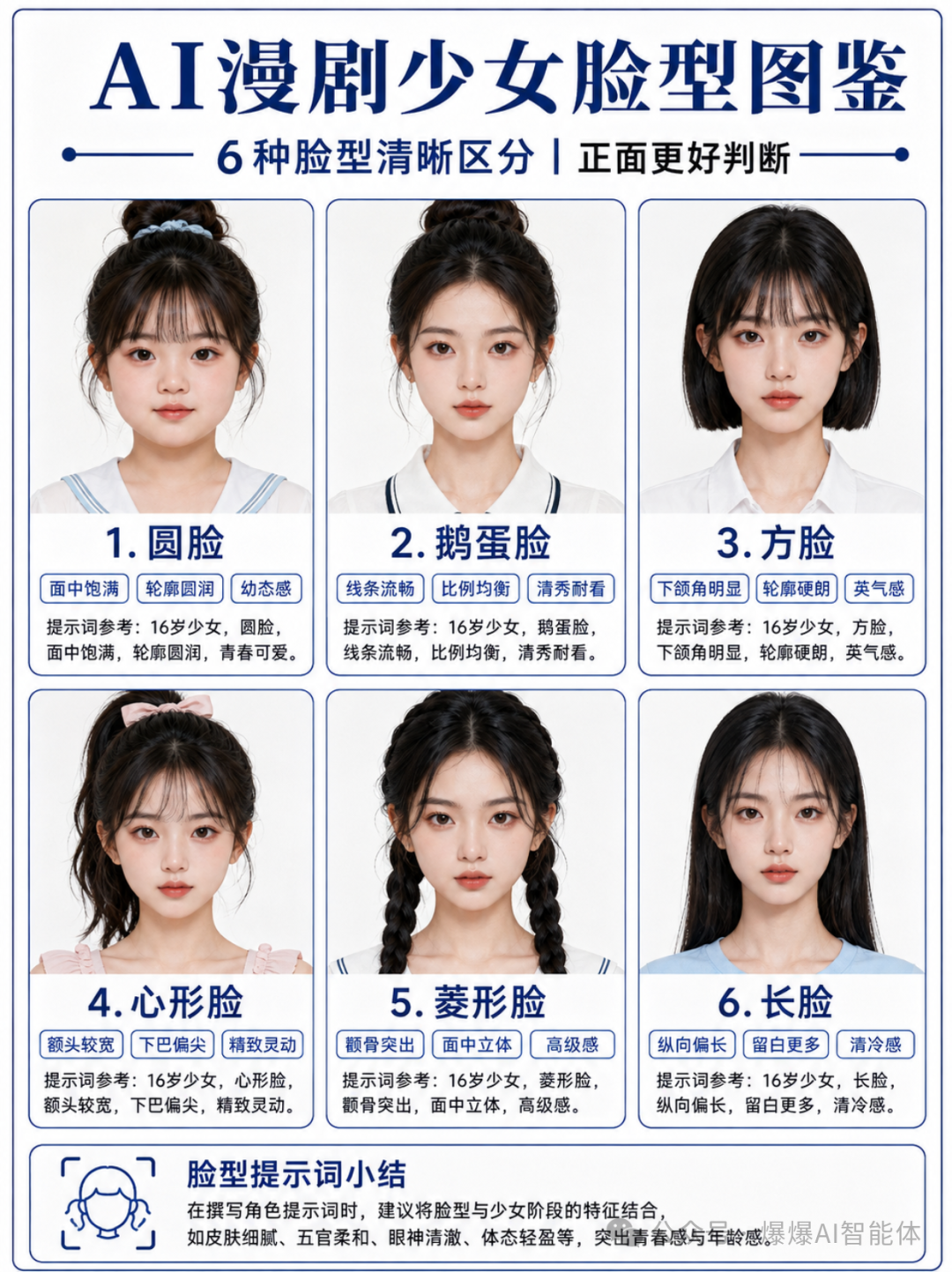 AI 漫剧脸型图鉴·6 种少女脸型提示词（圆/鹅蛋/方/心形/菱形/长）