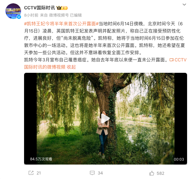 凯特王妃半年来首次露面