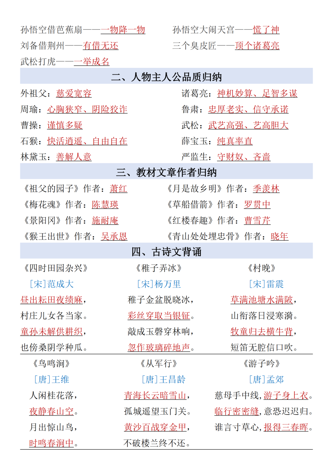 2025年人教版五年级下册语文全册必背知识考点汇总