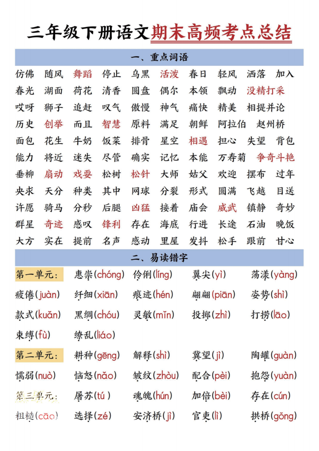 2025年三年级下册语文期末高频考点总结