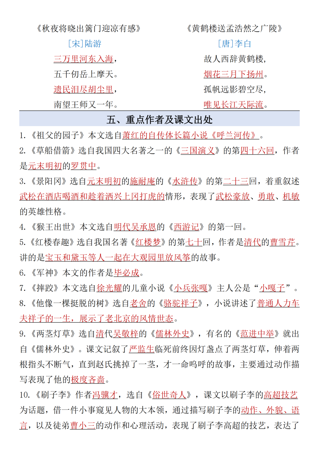 2025年人教版五年级下册语文全册必背知识考点汇总