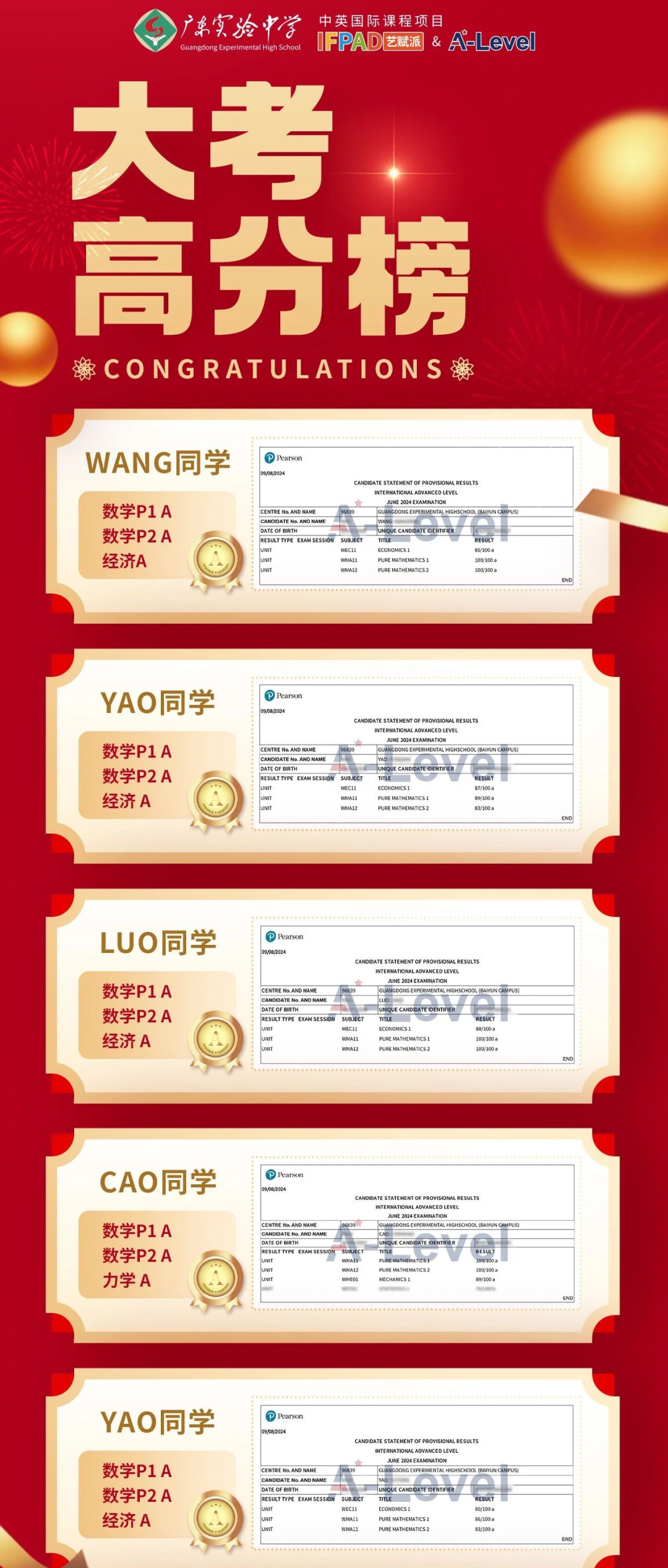  省实A-Level学子部分优异成绩展示3