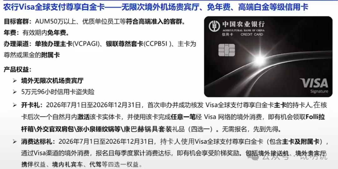 农业银行Visa白金信用卡有效期内免年费 境外贵宾厅无限次权益及申请攻略