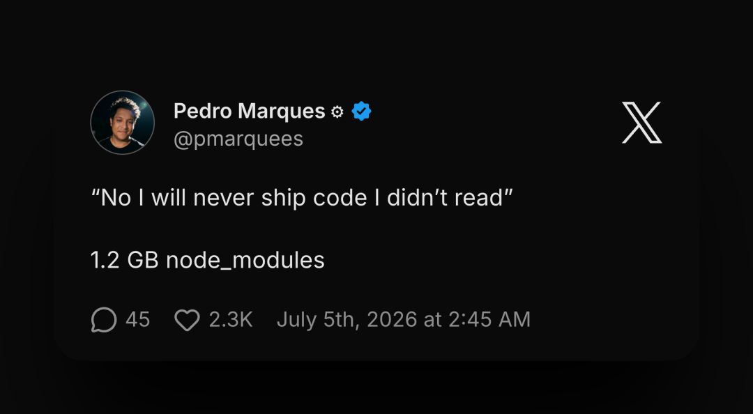 图 1：程序员的自嘲——"我绝不提交我没读过的代码"，以及 1.2 GB 的 node_modules