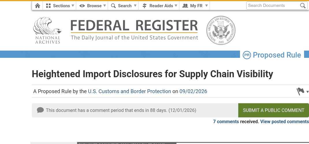 美国联邦公报Heightened Import Disclosures for Supply Chain Visibility公告标题