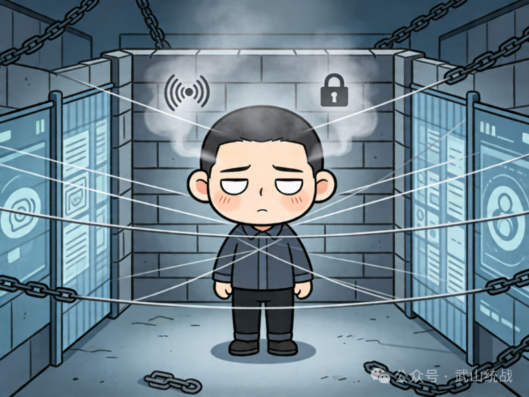 jimeng-2026-04-15-7317-Q版漫画风格，反邪教公益宣传插画，主题为通过封闭管理、精神控制、信息隔绝一步步拿....png
