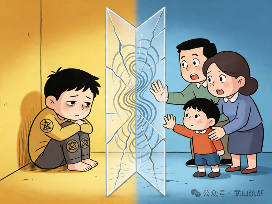 jimeng-2026-04-15-8541-Q版漫画风格，反邪教公益海报，一个人受邪教影响后逐渐疏远亲友、拒绝正常沟通，把家....png