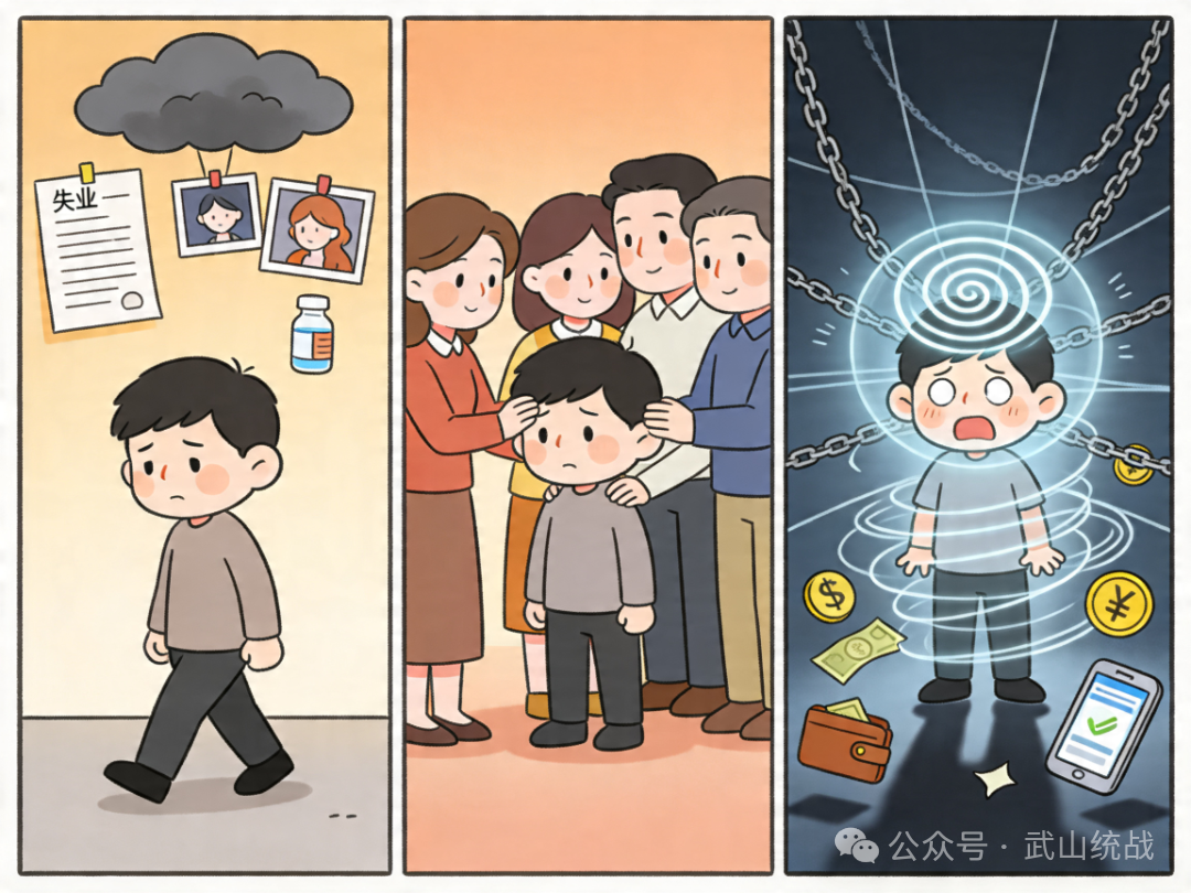 jimeng-2026-04-15-6501-Q版漫画风格，反邪教公益海报插画，一个普通成年人在人生低谷中独自前行，背景融入失....png
