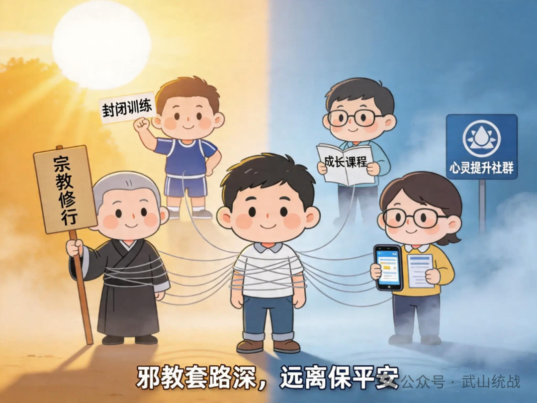jimeng-2026-04-15-7146-Q版漫画风格,反邪教公益海报,一个普通人面对多种伪装形式,有的打着宗教旗号,有的....png
