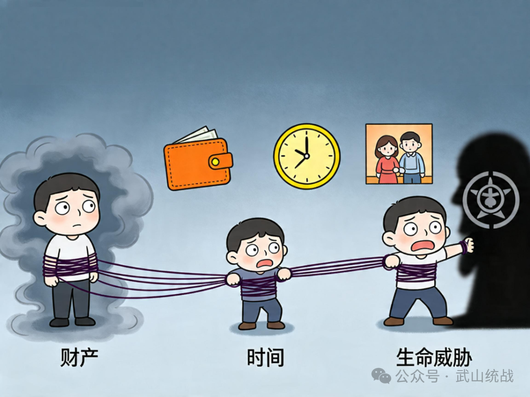 jimeng-2026-04-15-8996-Q版漫画风格，反邪教公益海报，一个普通人在丧失判断力后，被一步步操控财产、时间、....png