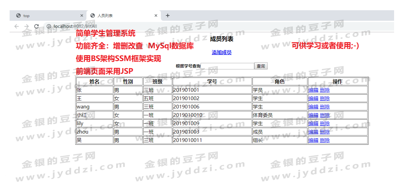 (源码+数据库+文档+视频)javaweb jsp ssm学生信息系统 学生管理系统 学籍系统 (注：特价商品无远程服务或运行解答服务)