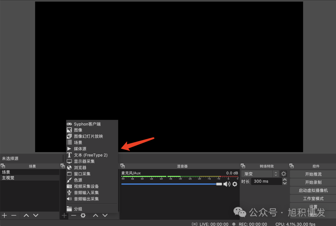来源菜单中的素材类型列表