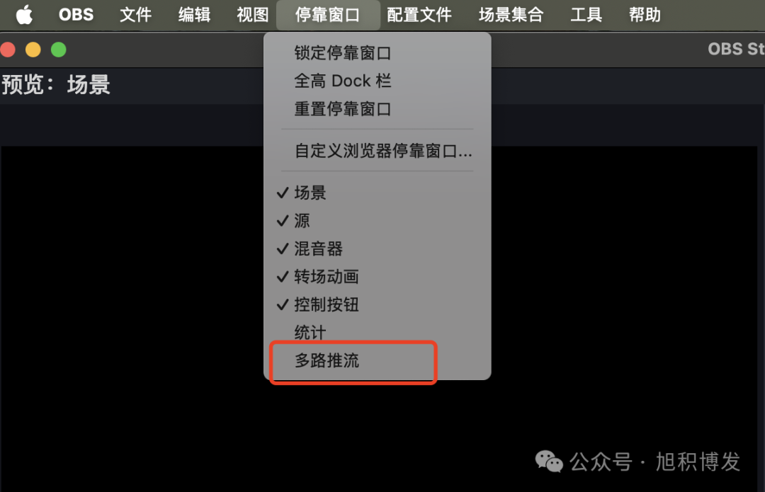 菜单栏【停靠窗口】中的【多路推流】