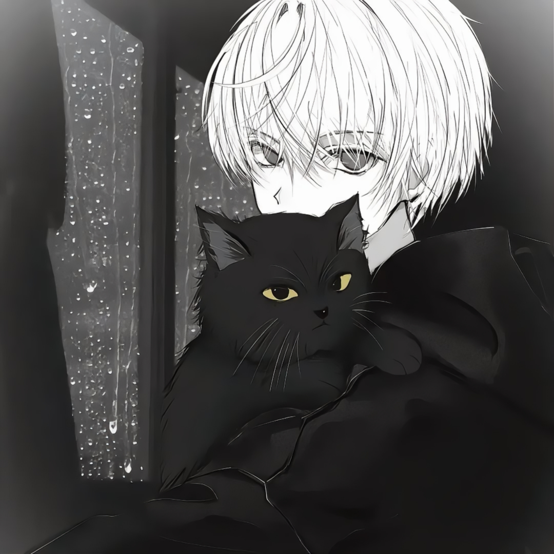 抱着猫咪黑白动漫头像男