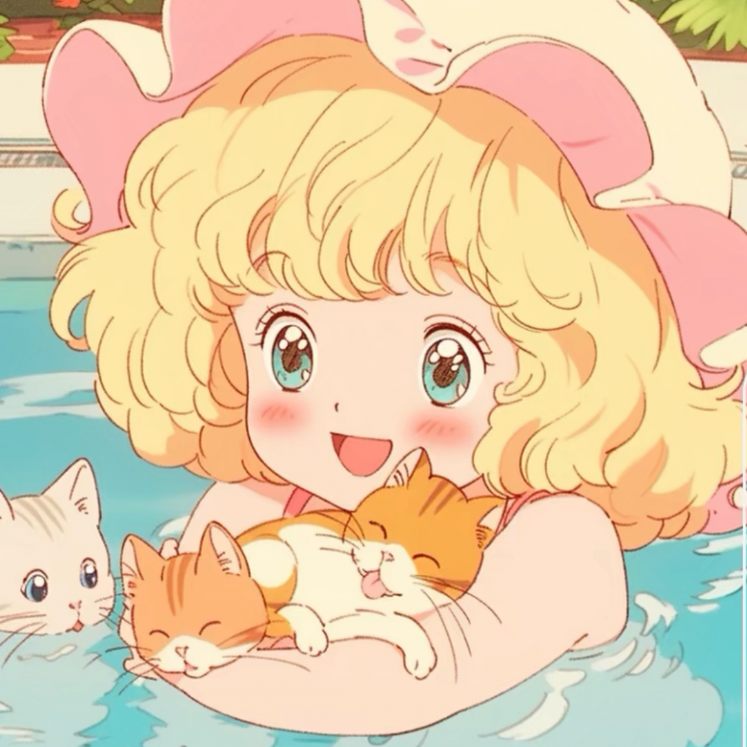 游泳抱着猫咪唯美治愈动漫头像女