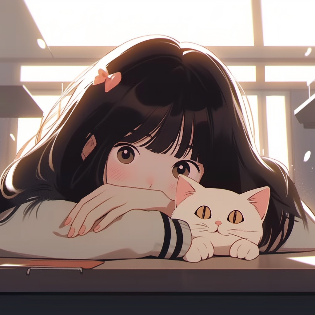 抱着猫咪趴着动漫头像女